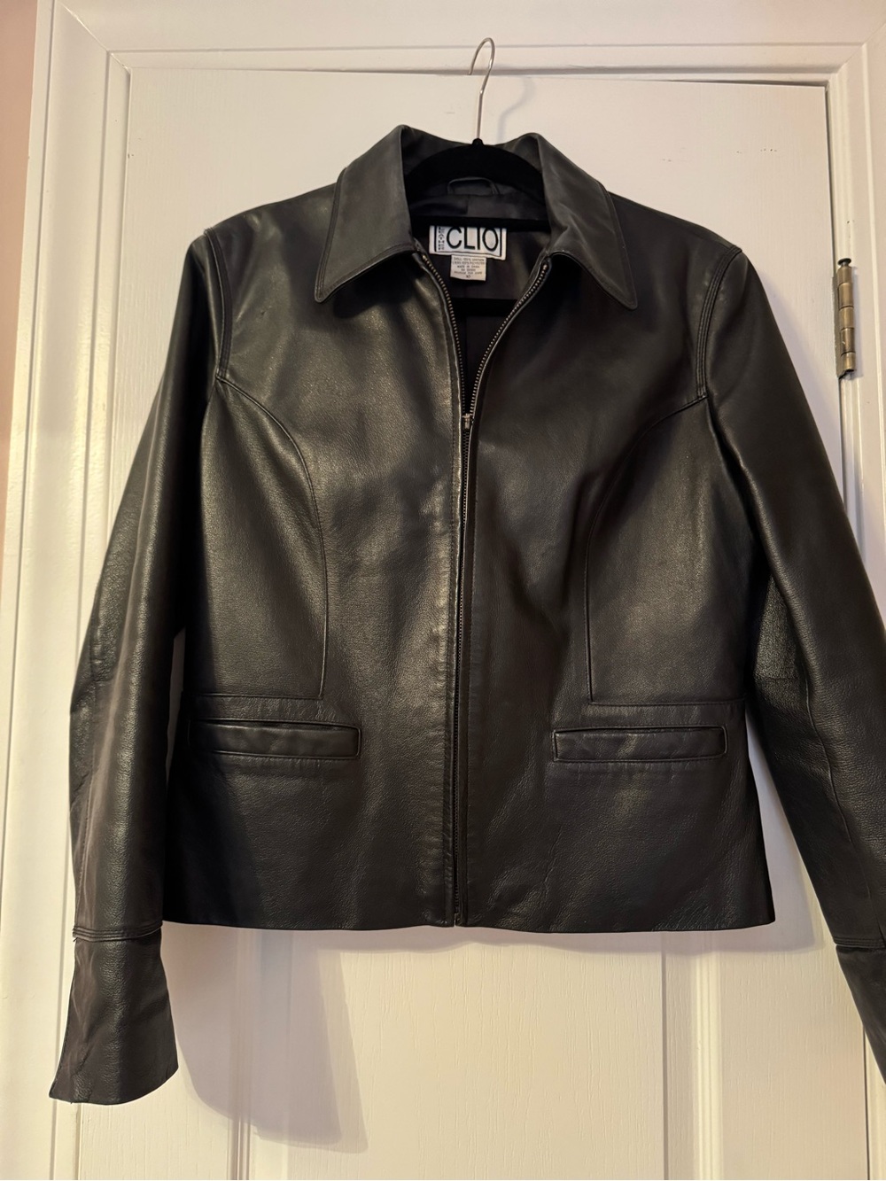 Clio Black Leather Zip-Front Jacket with Pointed Collar